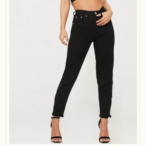 Petite black denim raw hem straight leg jeans